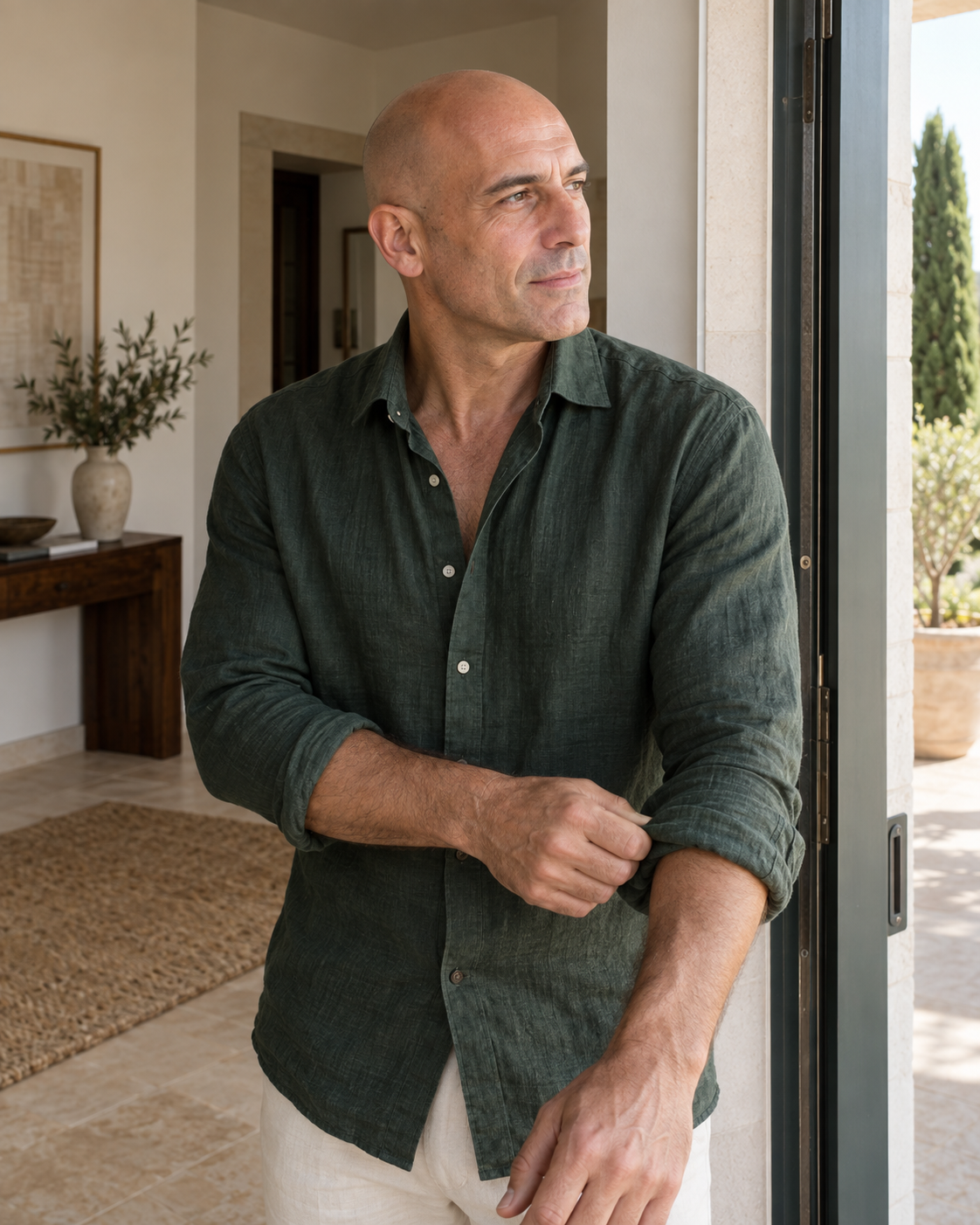 Uomo con la testa rasata e camicia verde, pronto per uscire